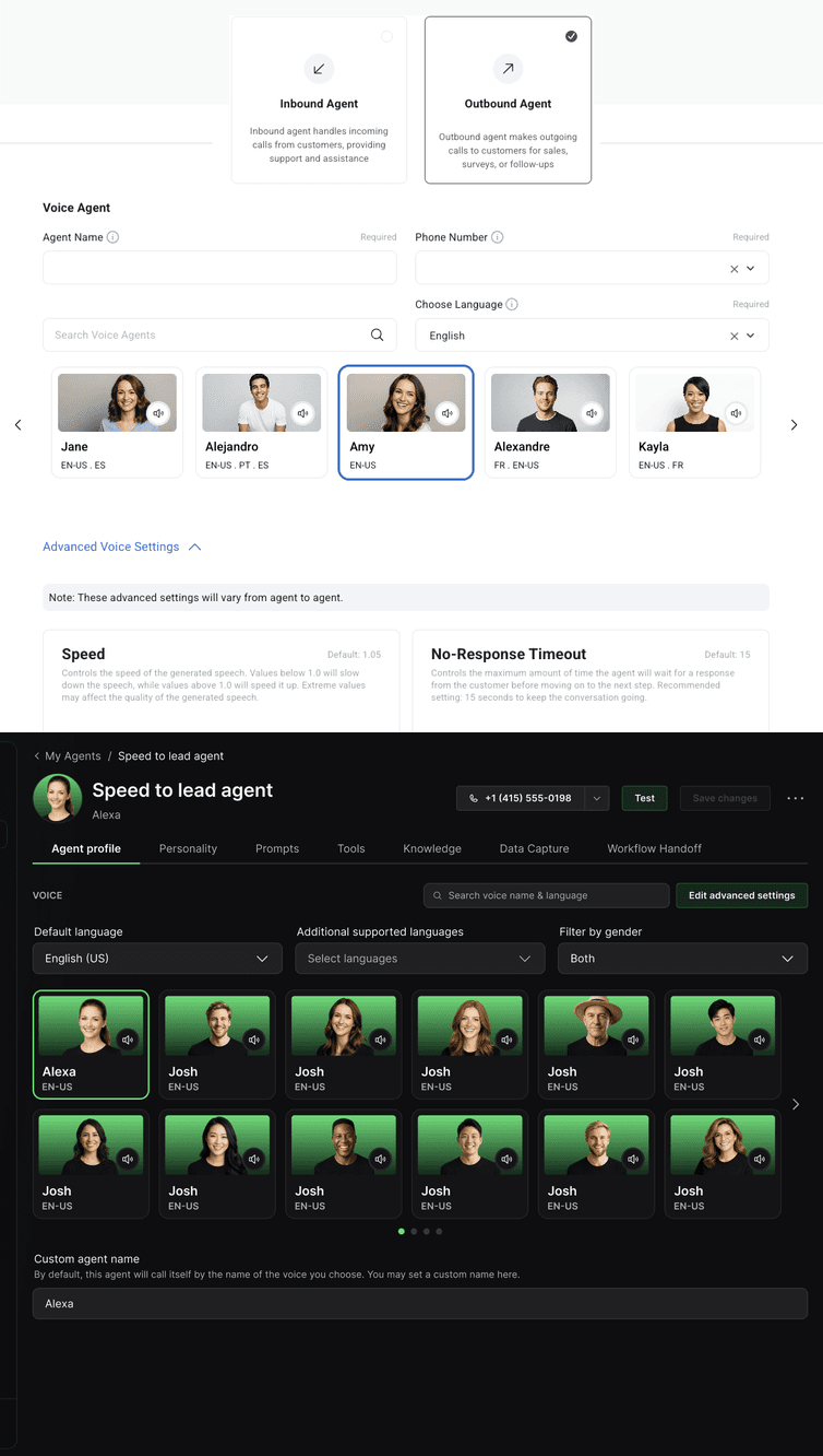 Top: the old four-step Create Agent form, which starts by choosing an inbound or outbound agent. Bottom: the new agent editor, one agent with tabs across the top.