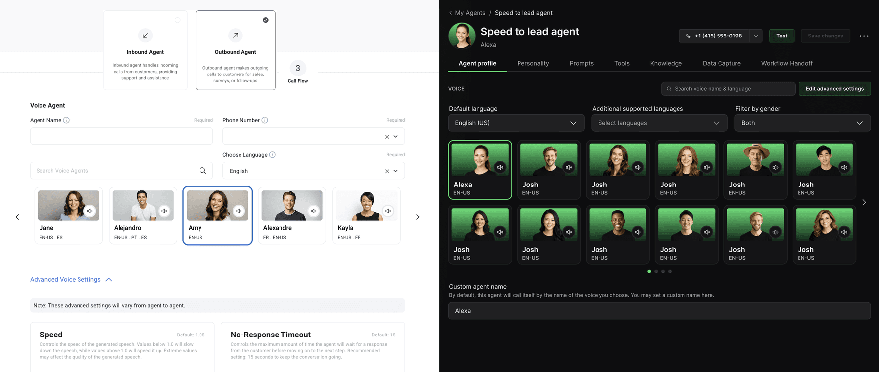 Left: the old four-step Create Agent form, which starts by choosing an inbound or outbound agent. Right: the new agent editor, one agent with tabs across the top.
