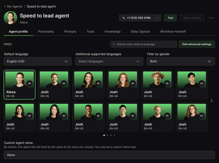 The new agent editor on its Agent profile tab, with tabs for Personality, Prompts, Tools, Knowledge, Data Capture and Workflow Handoff, and a grid of voices to choose from.