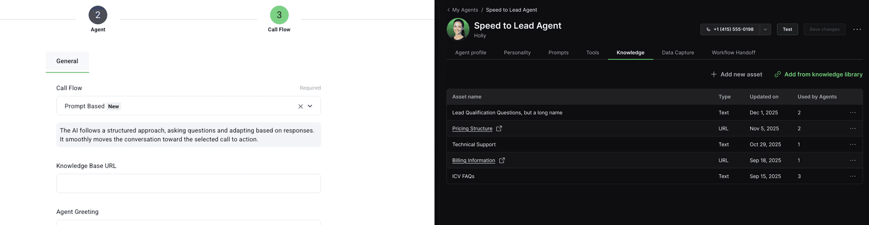Left: the old form, with a single Knowledge Base URL field. Right: the new Knowledge tab, a table of reusable text and URL assets showing how many agents use each.