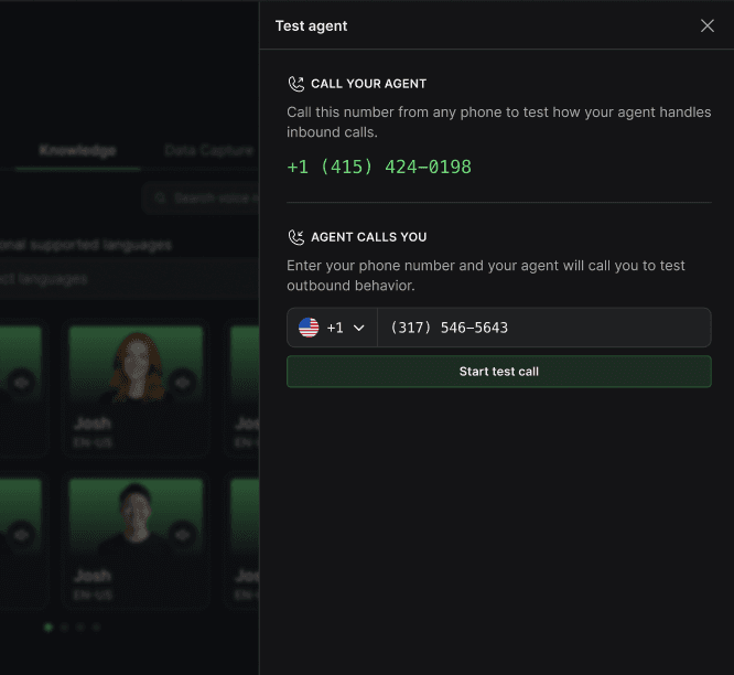 The Test agent panel: a number to call to test inbound calls, and a field to enter your own number so the agent calls you.
