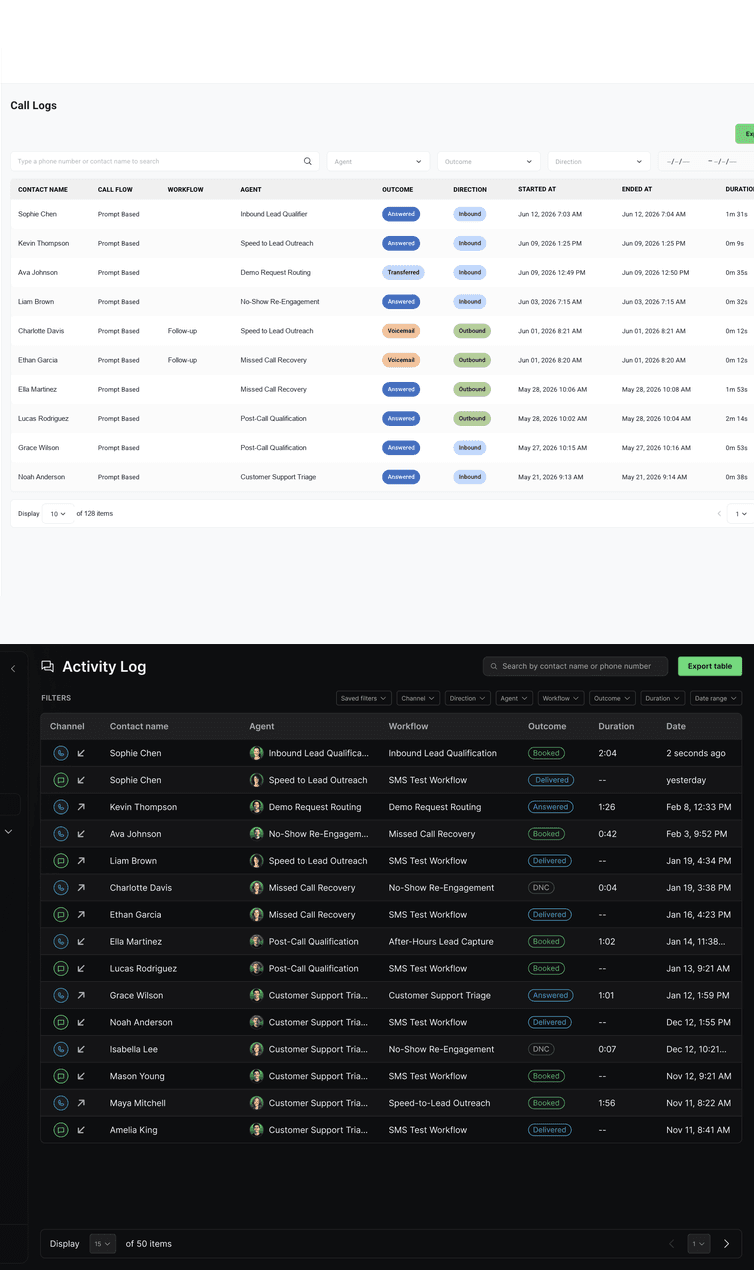 Top: the old call log, a plain table of calls. Bottom: the new activity log, with filters across the top and calls and texts in one list.