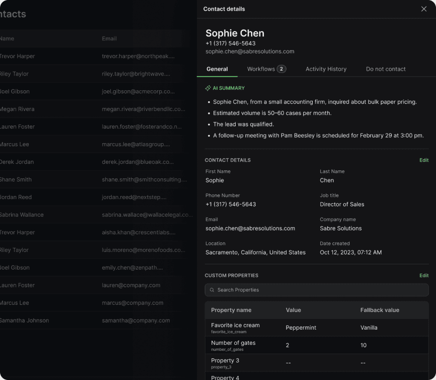 A contact's details panel: an AI summary of the conversation, their contact details, and the custom properties captured for them.