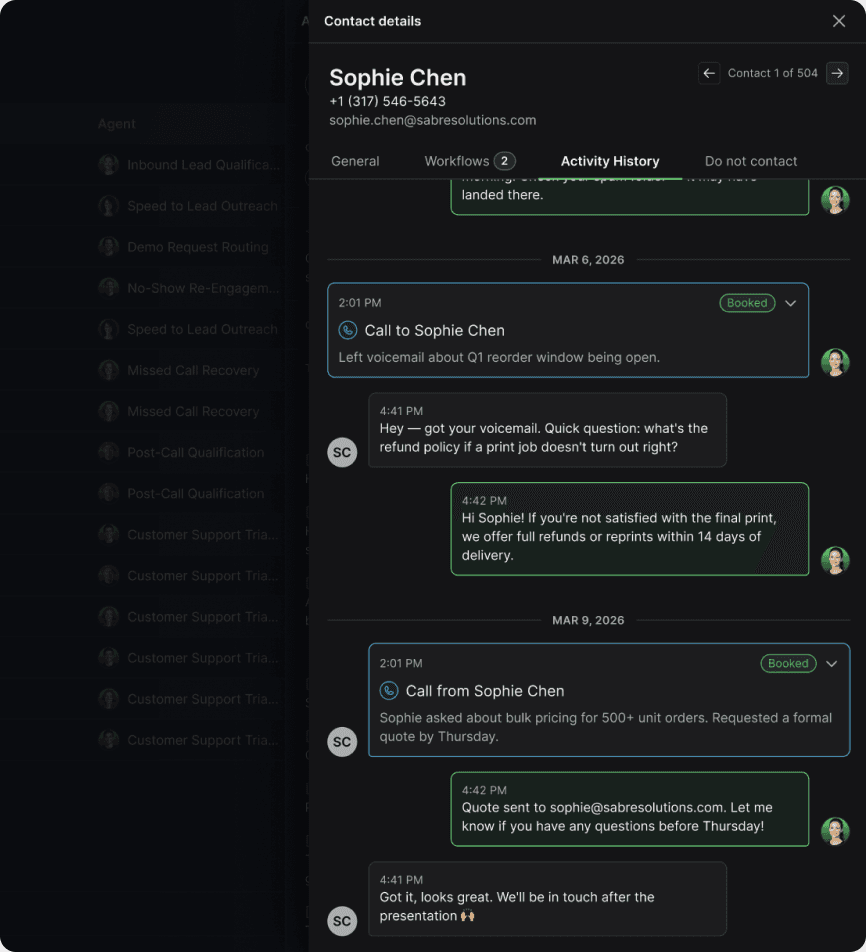 A contact's page showing every call and text with them in one thread, newest first.