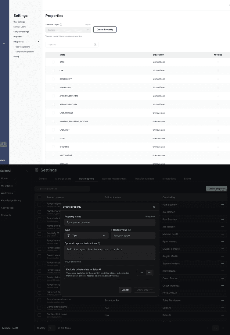Top: the old custom properties settings. Bottom: the new data capture settings, where each property has capture instructions.