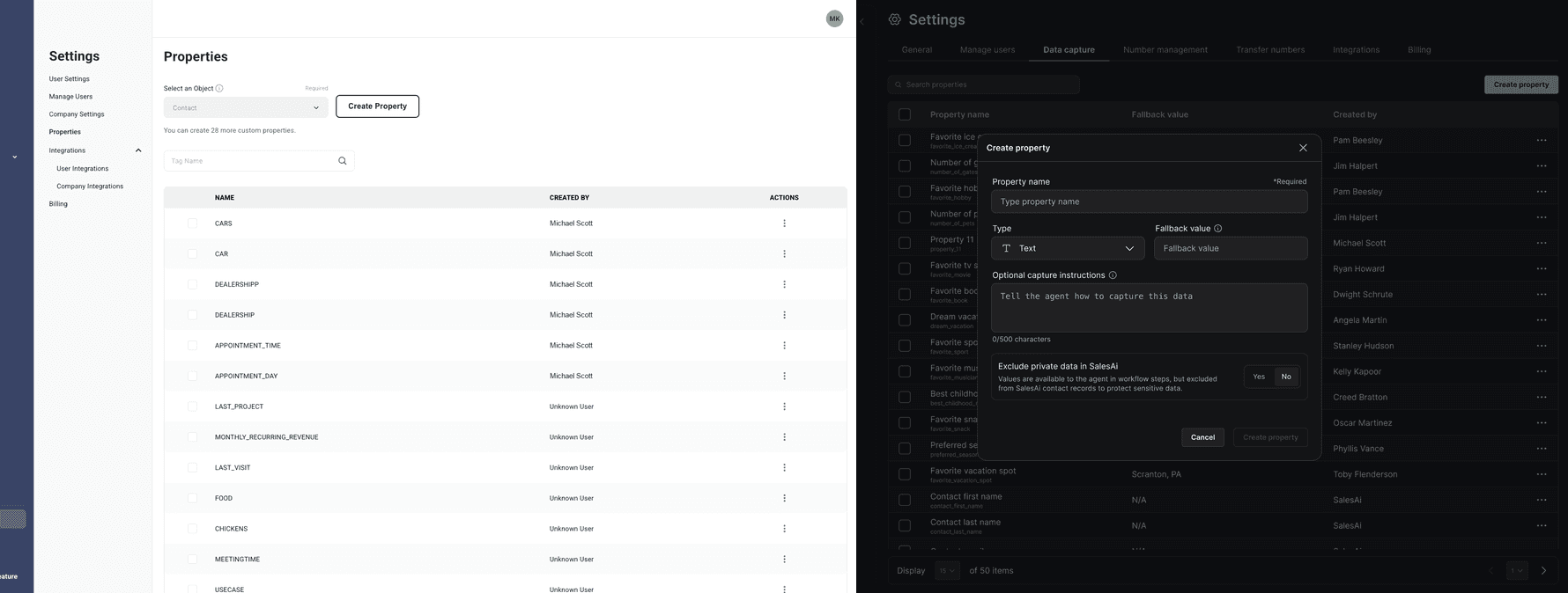 Left: the old custom properties settings. Right: the new data capture settings, where each property has capture instructions.