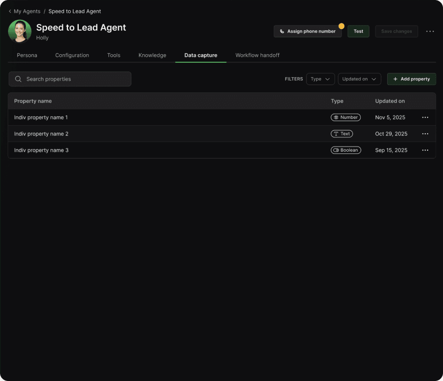 An agent's Data Capture tab, listing the properties this agent collects.