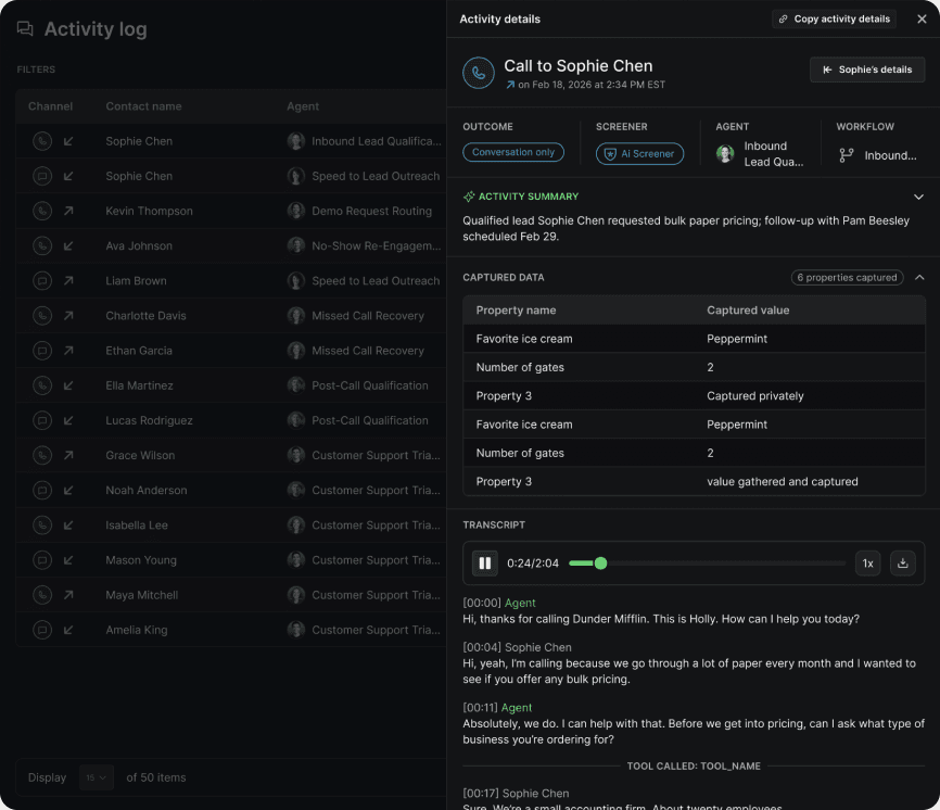 The activity details panel for a call, with the captured data listed under the summary.