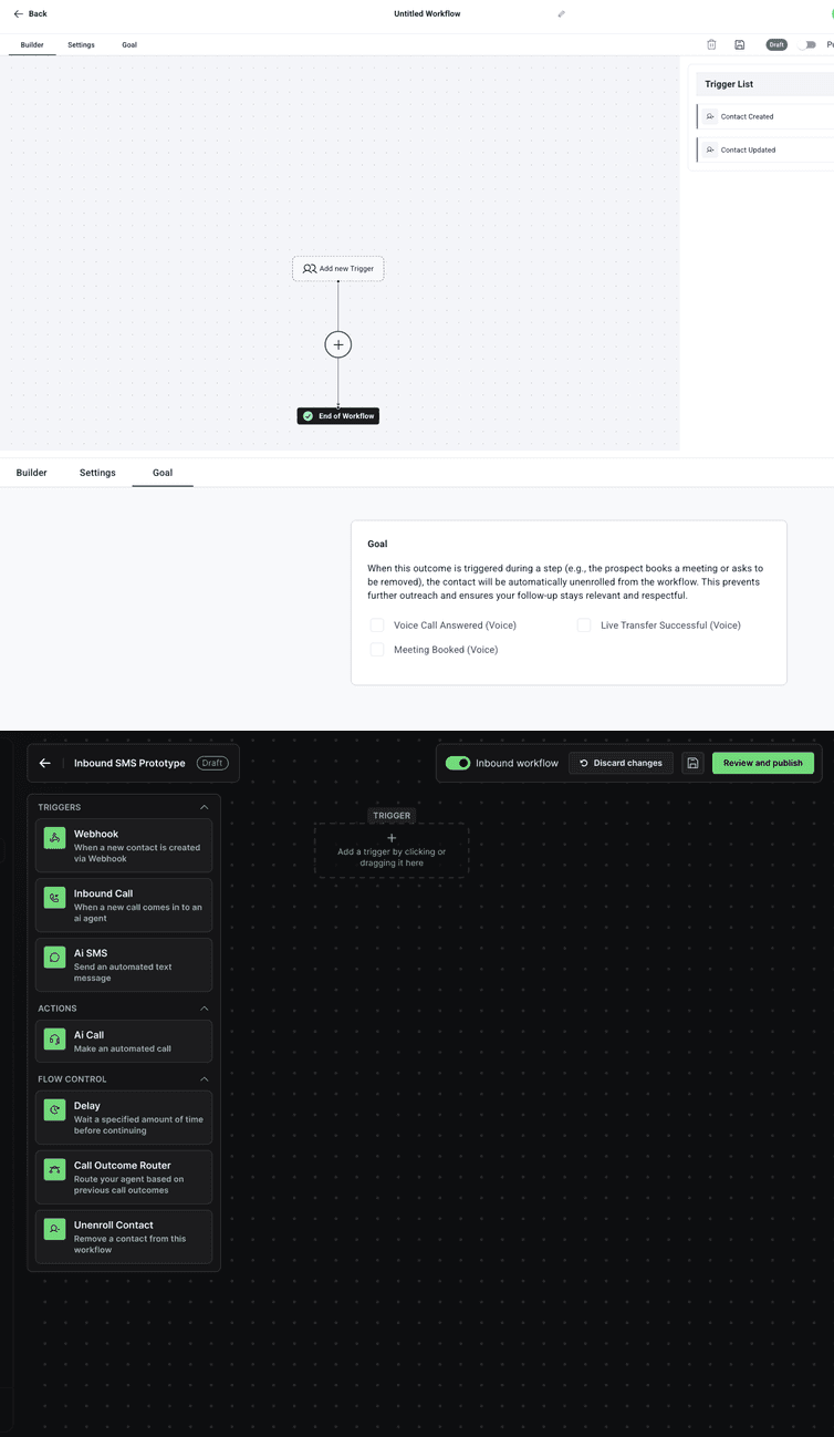 Top: the old workflow screen, a short form with a trigger and one call. Bottom: the new builder, a canvas of connected steps with a settings panel beside it.