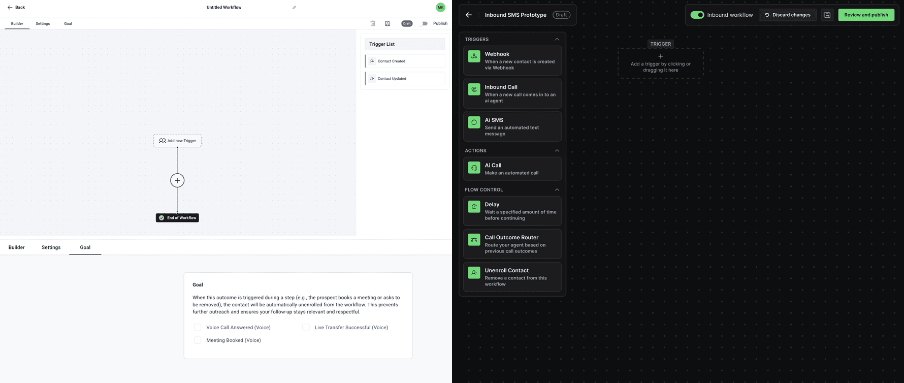Left: the old workflow screen, a short form with a trigger and one call. Right: the new builder, a canvas of connected steps with a settings panel beside it.
