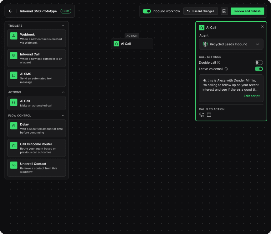 The workflow builder with the list of triggers and an AI call step's voicemail settings open.