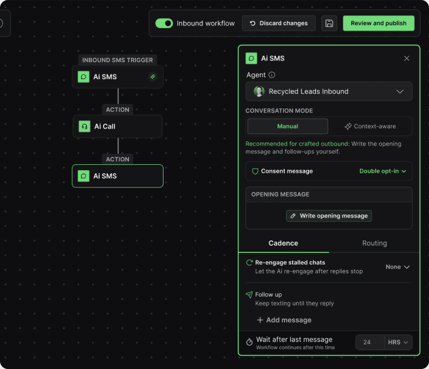 An AI SMS step's settings in manual mode, where the user writes the opening message.