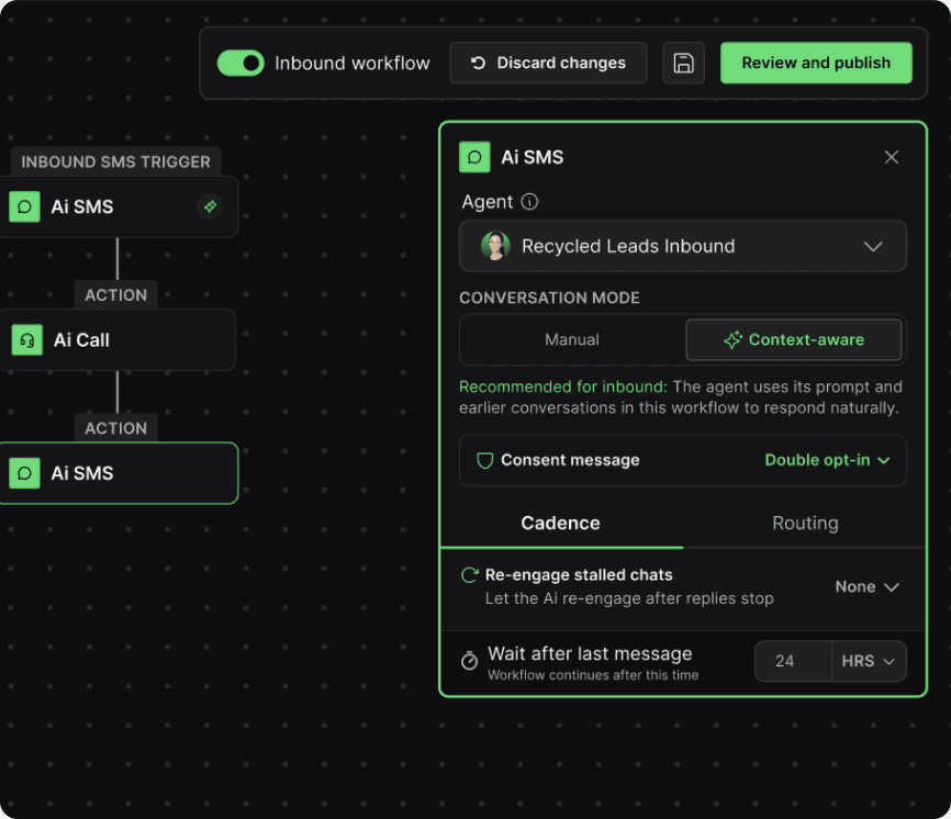 An AI SMS step's settings in context-aware mode, where the agent writes the message from what it knows.